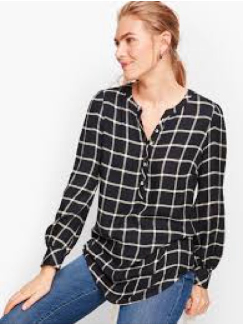 Talbots Black White Banded Collar Windowpane Plaid Henley Tunic